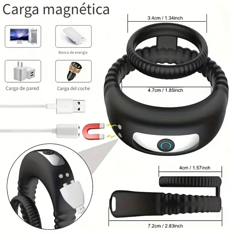 Anillo Vibrador Doble 10 Frecuencias – Carga Magnética LED Azul Silicona