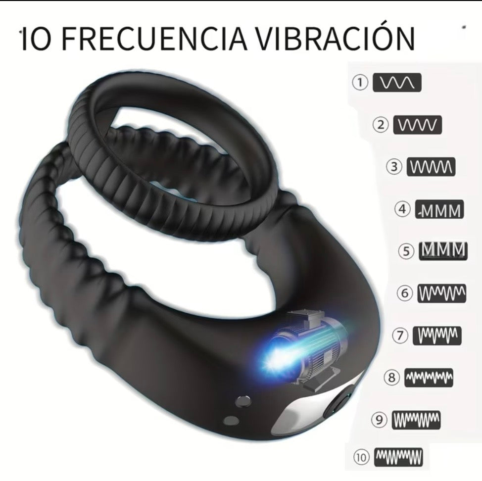 Anillo Vibrador Doble 10 Frecuencias – Carga Magnética LED Azul Silicona