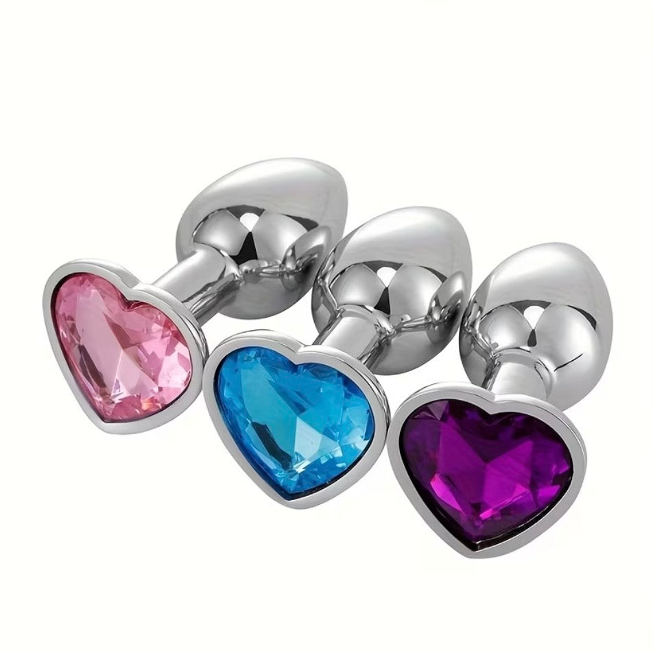Set 3 Plugs Anales Acero Plateado – Cristal Corazón Morado S/M/L