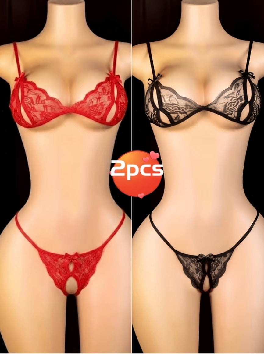 Conjunto Encaje 2 Piezas – Brasier Triangular + Tanga Crotchless | Rojo o Negro