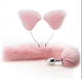 Set Cosplay Neko Rosa – Orejas Gato Peluche + Cola Plug Acero Plateado