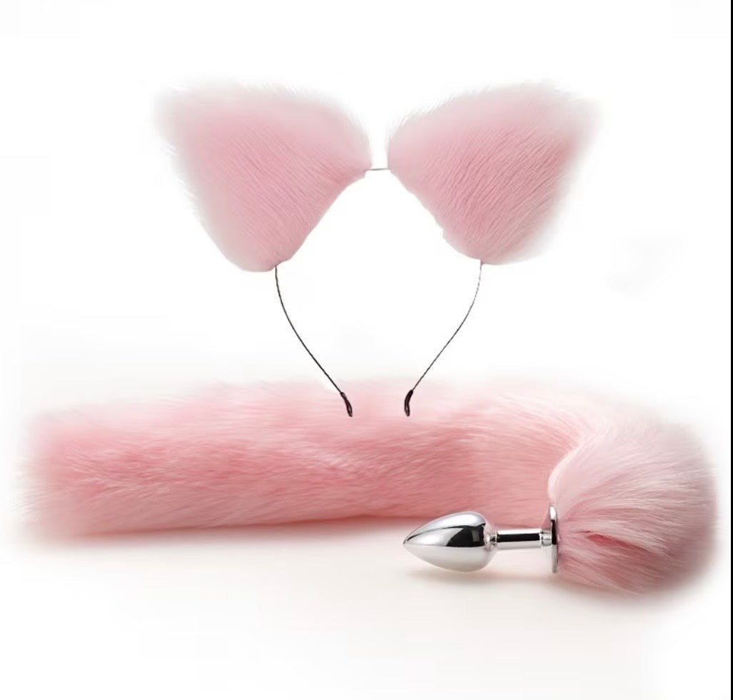 Set Cosplay Neko Rosa – Orejas Gato Peluche + Cola Plug Acero Plateado