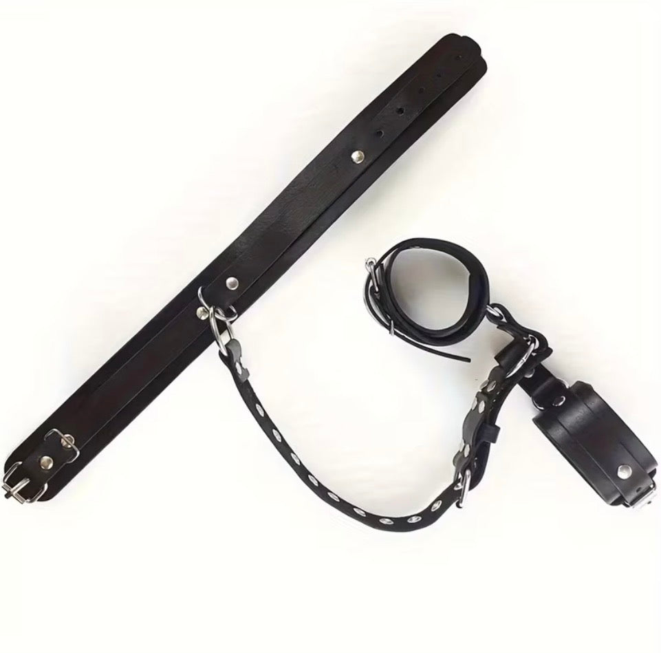 Set BDSM Cuero Negro – Collar + Esposas + Correas Restricción Ajustables