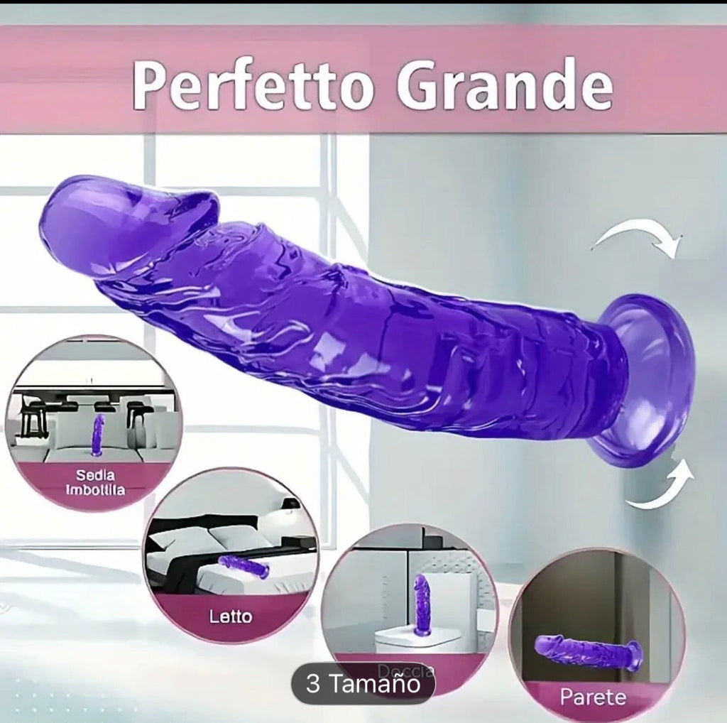 Dildo Gelatina Morado con Ventosa 360° – 3 Tallas Flexible Semitransparente
