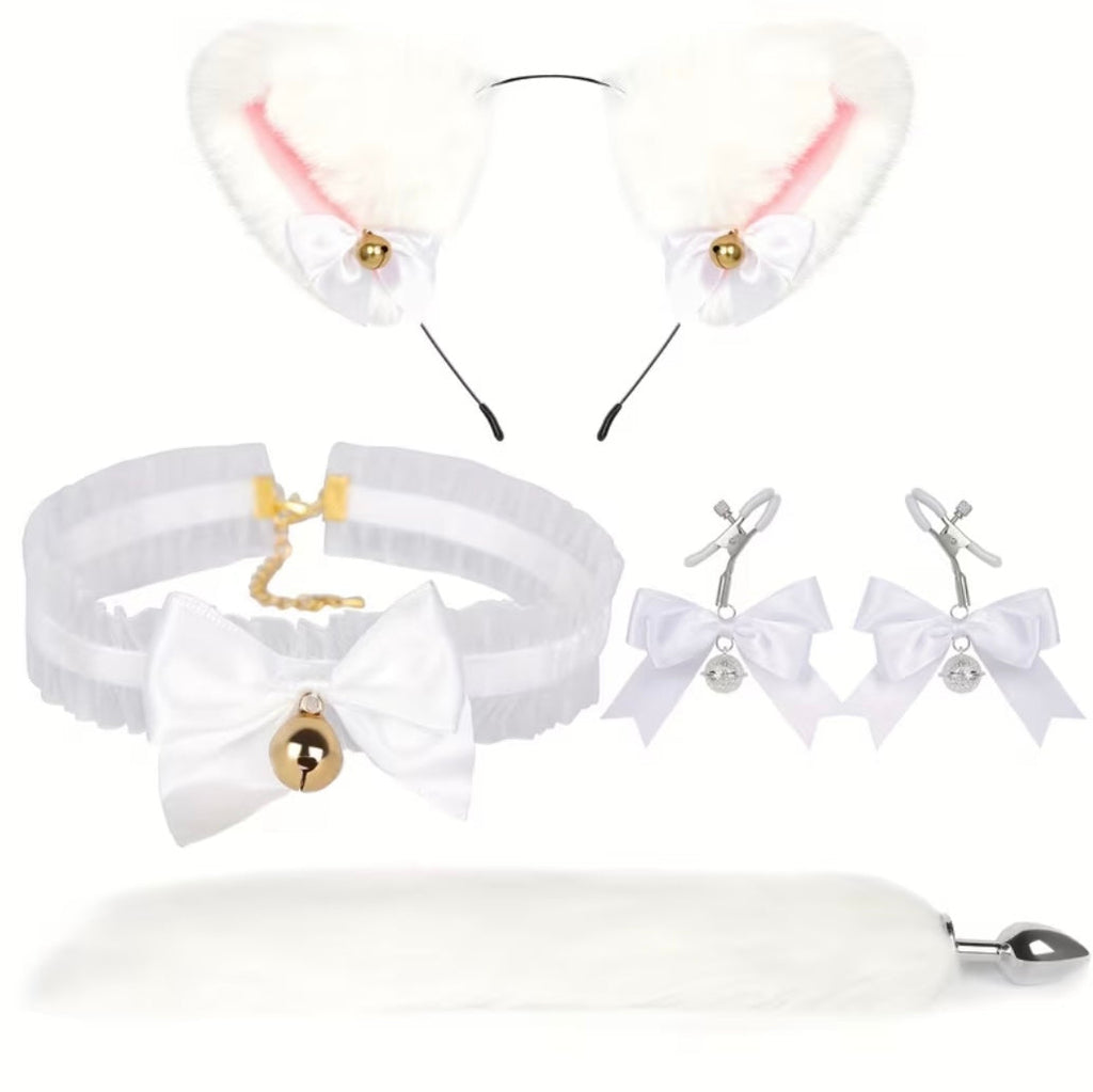 Set Cosplay Neko BDSM – Orejas Gato + Cola Plug + Collar + Pinzas Pezones