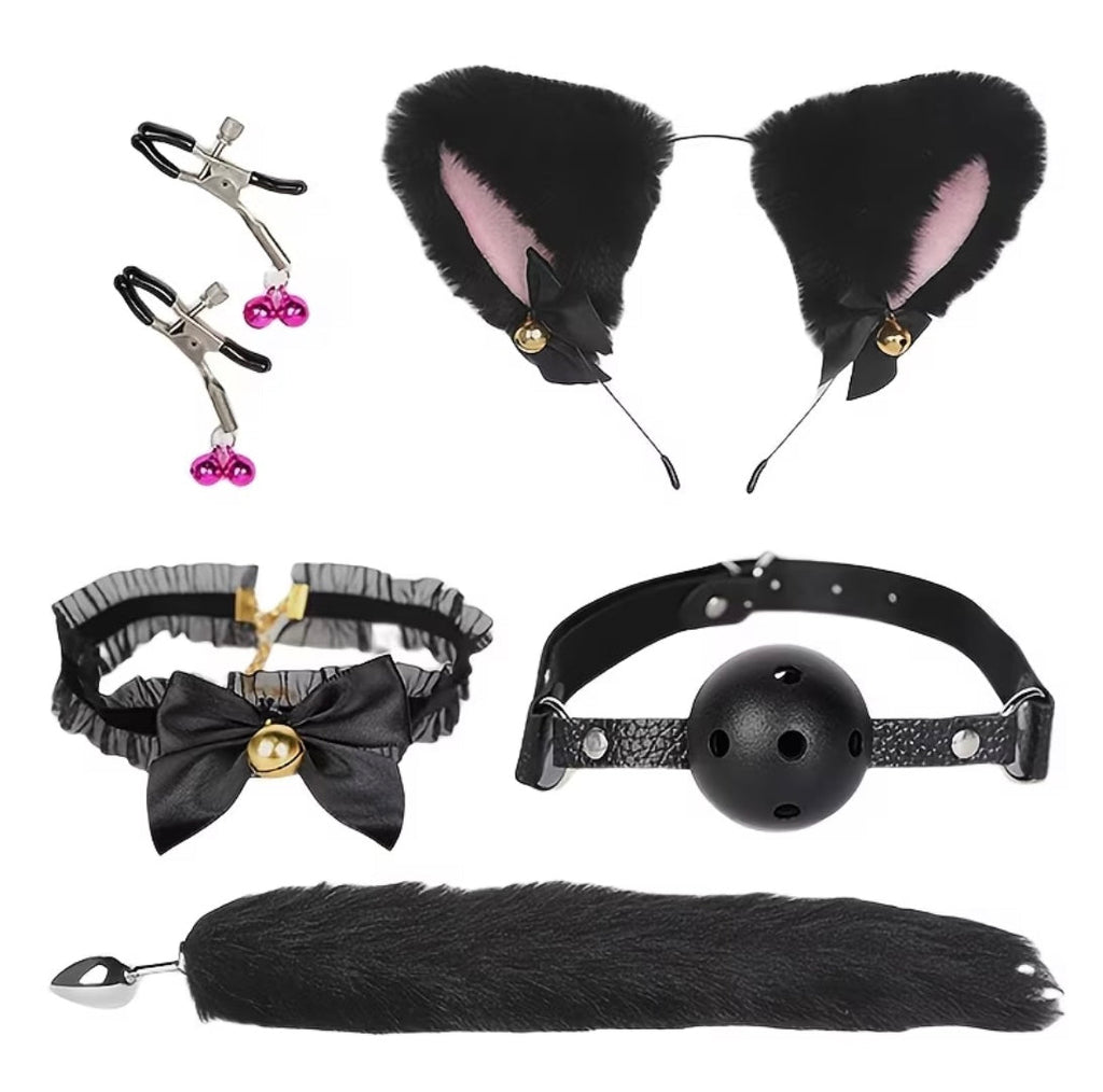 Set Cosplay Neko BDSM – Orejas Gato + Cola Plug + Collar + Pinzas Pezones