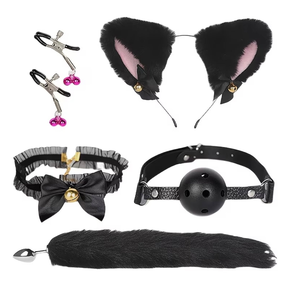 Set Cosplay Neko BDSM – Orejas Gato + Cola Plug + Collar + Pinzas Pezones