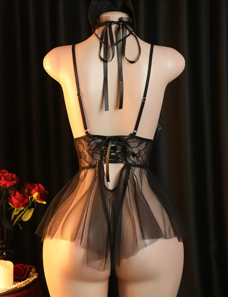 Babydoll Negro Tul Transparente – Lazo Organza + Collar Cadena Dorada + Corsé