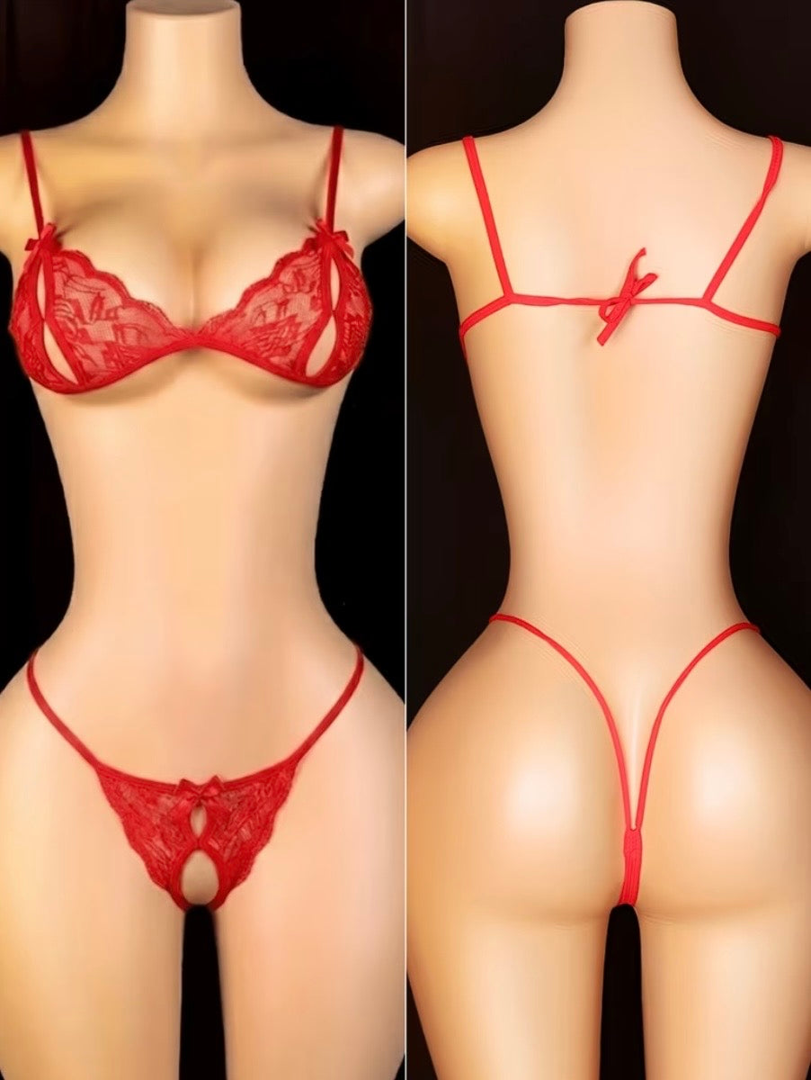 Conjunto Encaje 2 Piezas – Brasier Triangular + Tanga Crotchless | Rojo o Negro