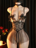 Babydoll Negro Tul Transparente – Lazo Organza + Collar Cadena Dorada + Corsé