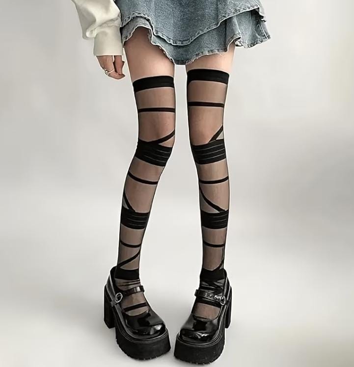 Medias Over-The-Knee Negras – Elige tu Estilo | Lazo Encaje Red Tiras